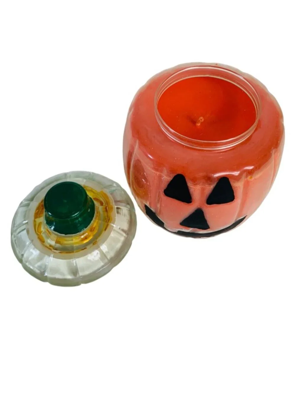Halloween Glass Pumpkin Candle Glass VTG Jack O Lantern Jar Airtight Lid Decor